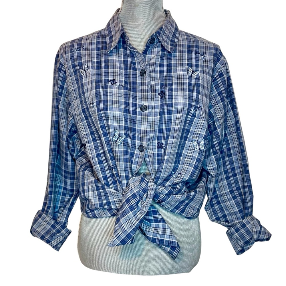 Vintage BonWorth Blue Plaid Button-Up Shirt with Embroidered Butterflies